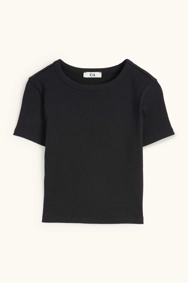 Damen - Crop T-Shirt - gerippt - schwarz