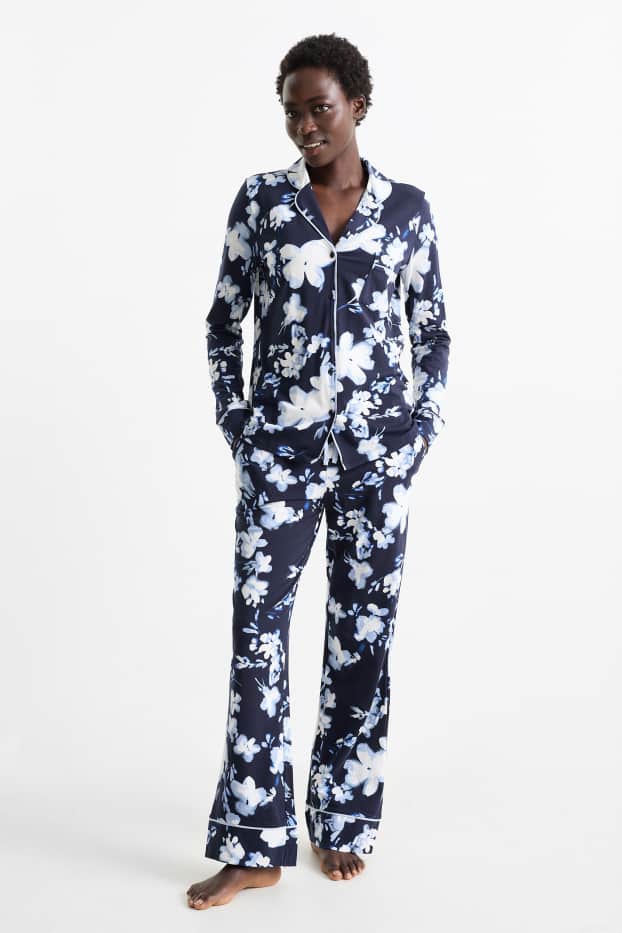 Damen - Pyjama - geblümt - dunkelblau
