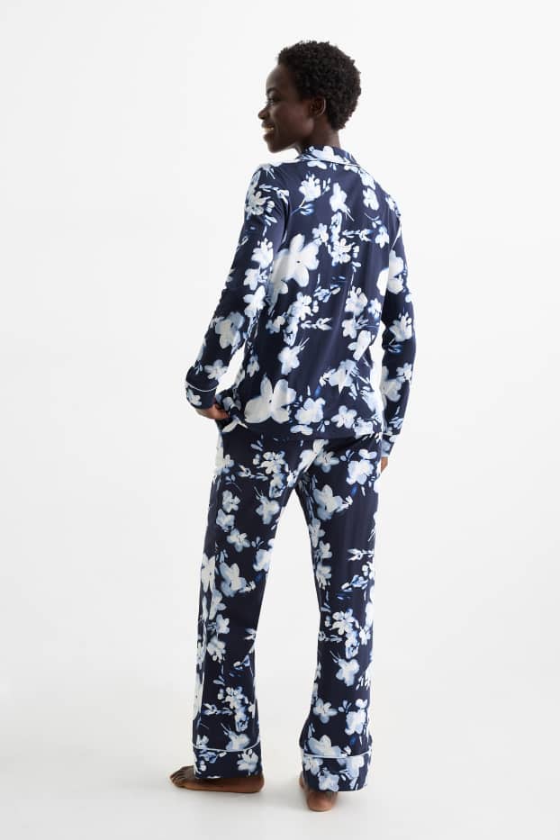 Damen - Pyjama - geblümt - dunkelblau