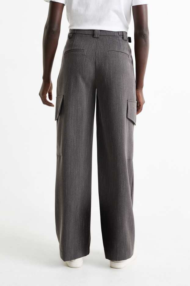 Dámské - Cargo kalhoty - mid waist - wide leg - s úzkými proužky - tmavošedá