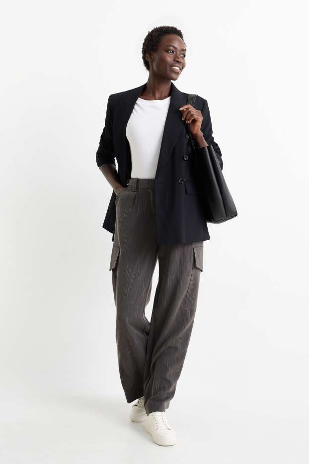 Dámské - Cargo kalhoty - mid waist - wide leg - s úzkými proužky - tmavošedá