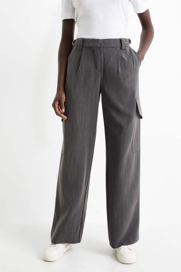 Dámské - Cargo kalhoty - mid waist - wide leg - s úzkými proužky - tmavošedá