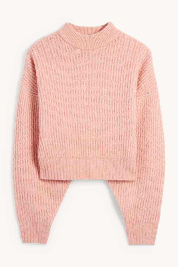 Damen - Crop Pullover mit Stehkragen - gerippt - rosa