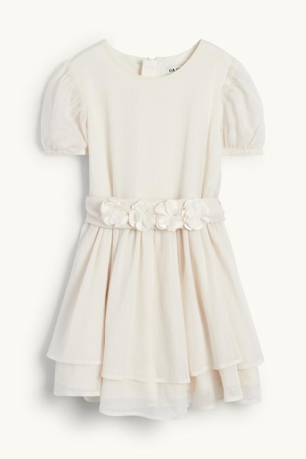 Kinder Mädchen - Blume - Kleid - glänzend - strukturiert - hellbeige