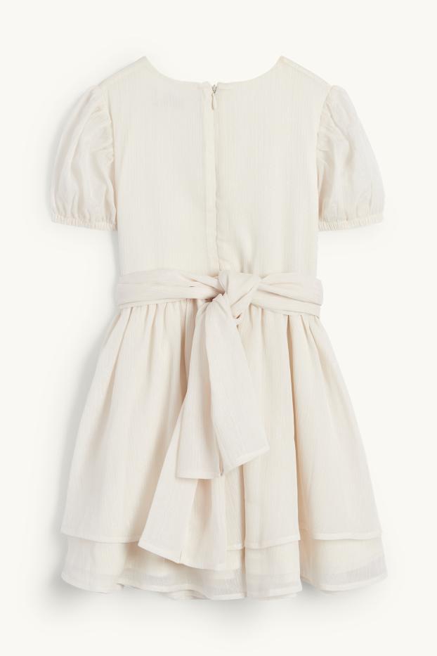 Kinder Mädchen - Blume - Kleid - glänzend - strukturiert - hellbeige