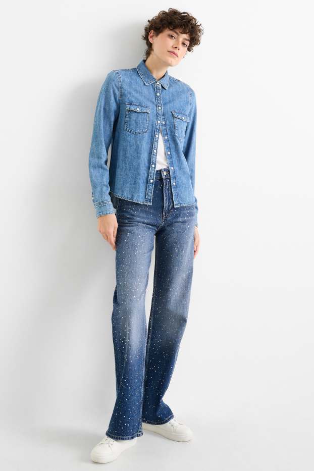 Damen - Straight Jeans mit Strasssteinen - High Waist - jeansblau