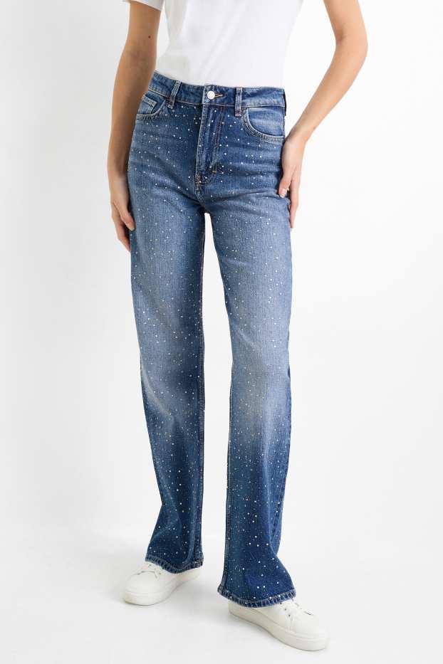 Damen - Straight Jeans mit Strasssteinen - High Waist - jeansblau