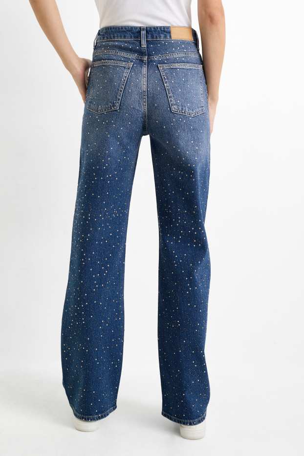 Damen - Straight Jeans mit Strasssteinen - High Waist - jeansblau