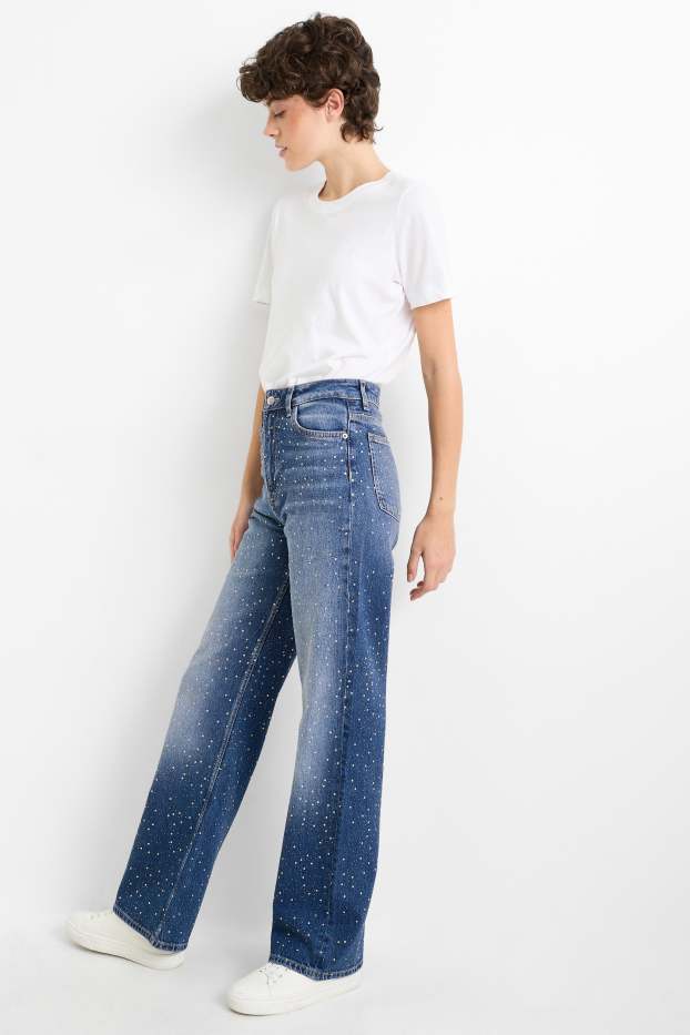 Damen - Straight Jeans mit Strasssteinen - High Waist - jeansblau