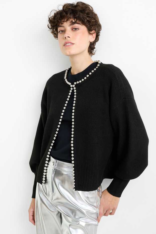 Women - Cardigan - ribbed - black