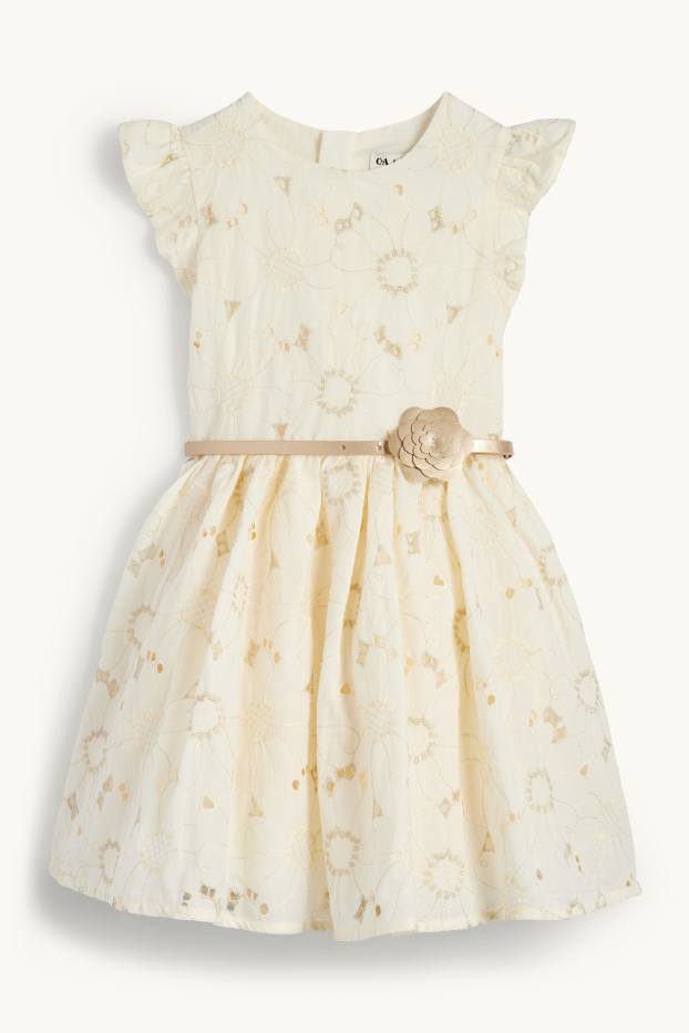 Children Girls - Dress with belt - floral - light beige