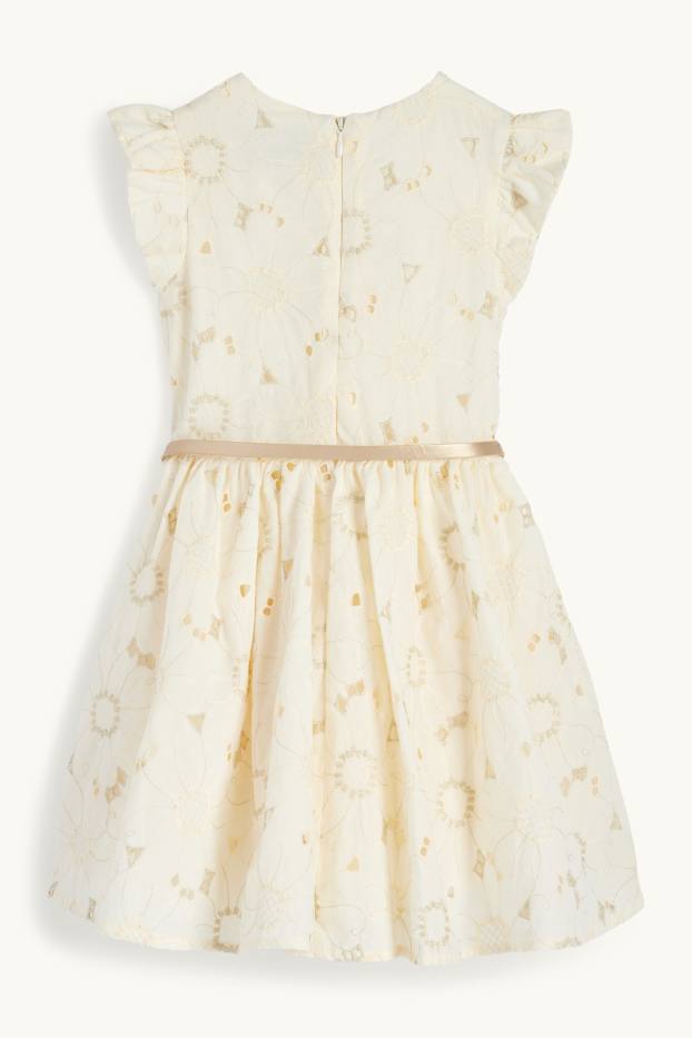 Children Girls - Dress with belt - floral - light beige