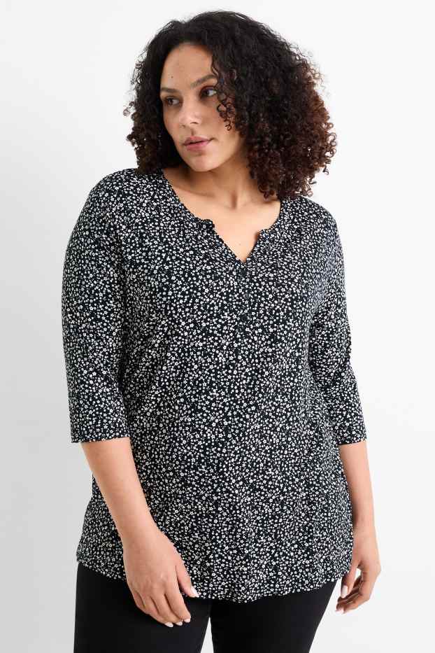 Damen - Langarmshirt - geblümt - schwarz