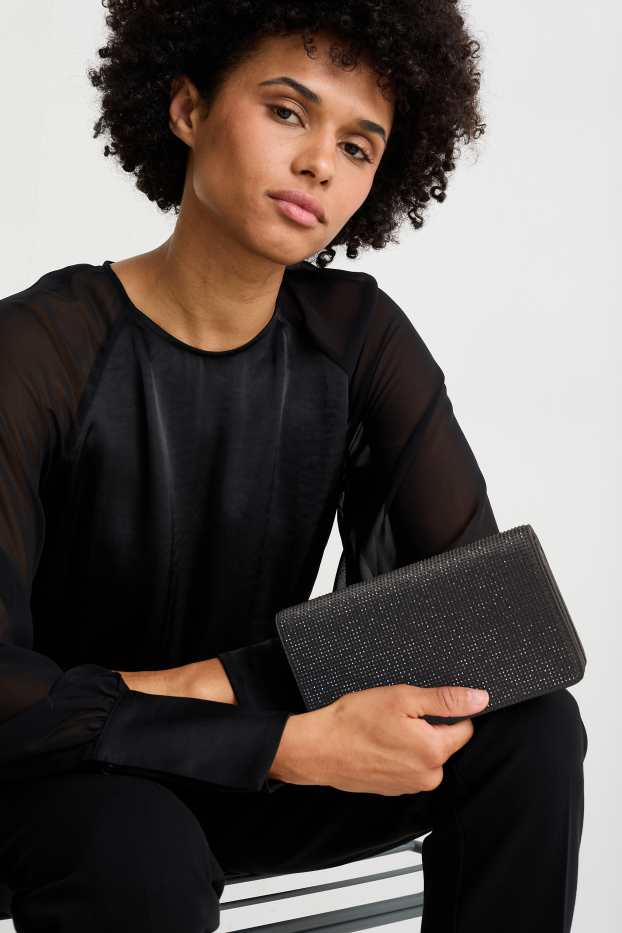 Dames - Schoudertas met afneembare riem en strass-steentjes - zwart