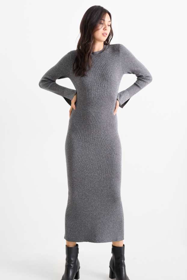 Women - Knitted dress with slit - ribbed - shiny - dark gray