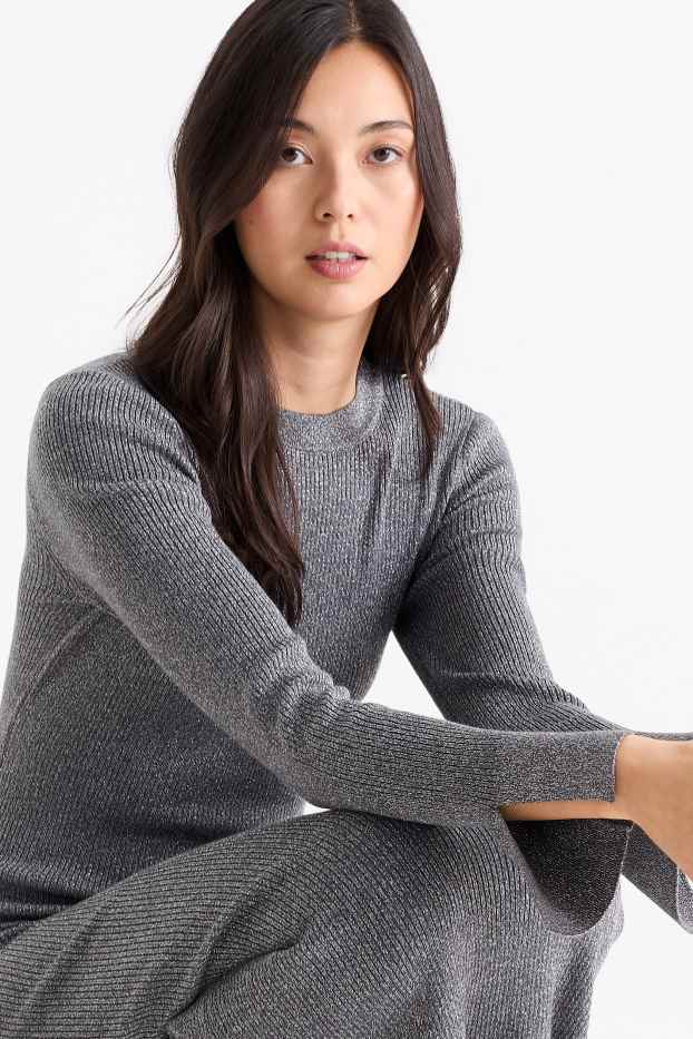 Women - Knitted dress with slit - ribbed - shiny - dark gray