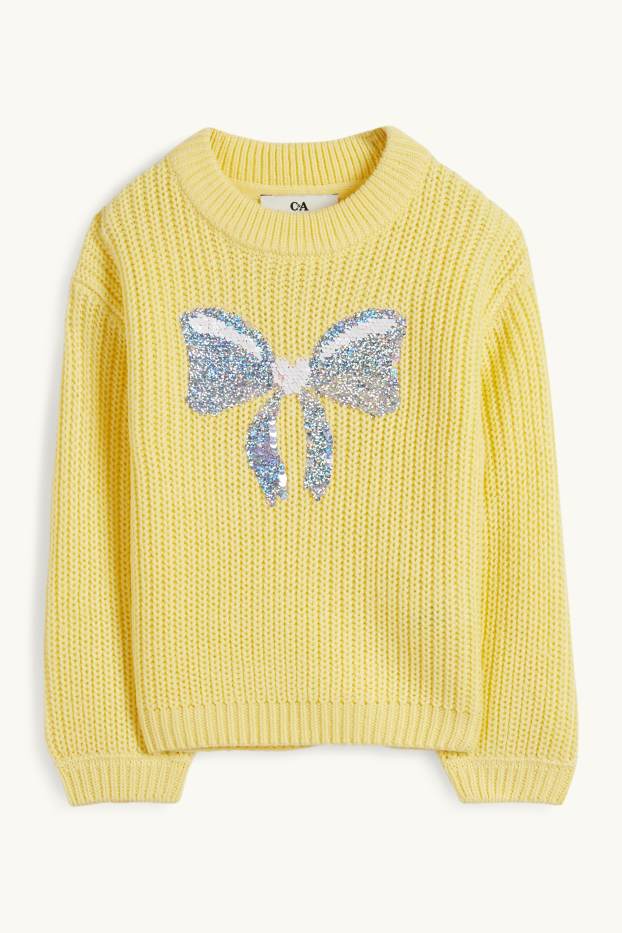 Enfants filles - Nœud - pull - côtelé - effet brillant - jaune