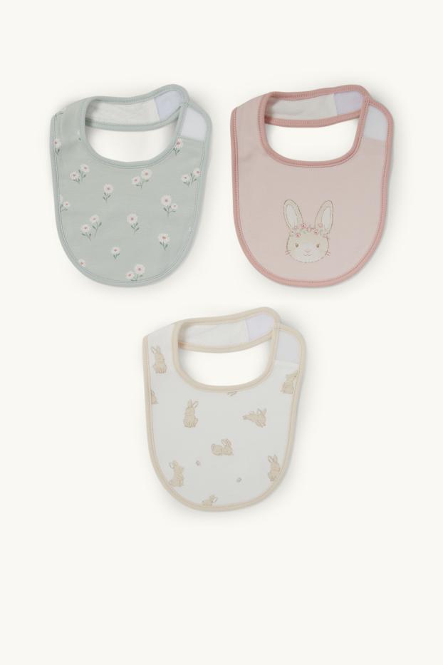 Baby Girls - Multipack of 3 - bunny rabbit and flowers - baby bibs - white