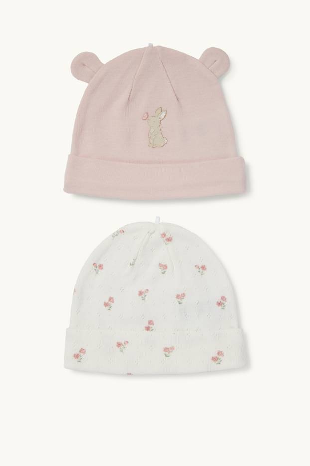 Bébés filles - Lot de 2 - petit lapin et petites fleurs - bonnets pour bébé - rose