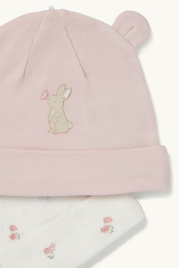 Bébés filles - Lot de 2 - petit lapin et petites fleurs - bonnets pour bébé - rose