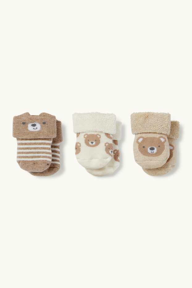 Unisex - Set van 3 paar - beertje - newbornsokken met motief - crème wit