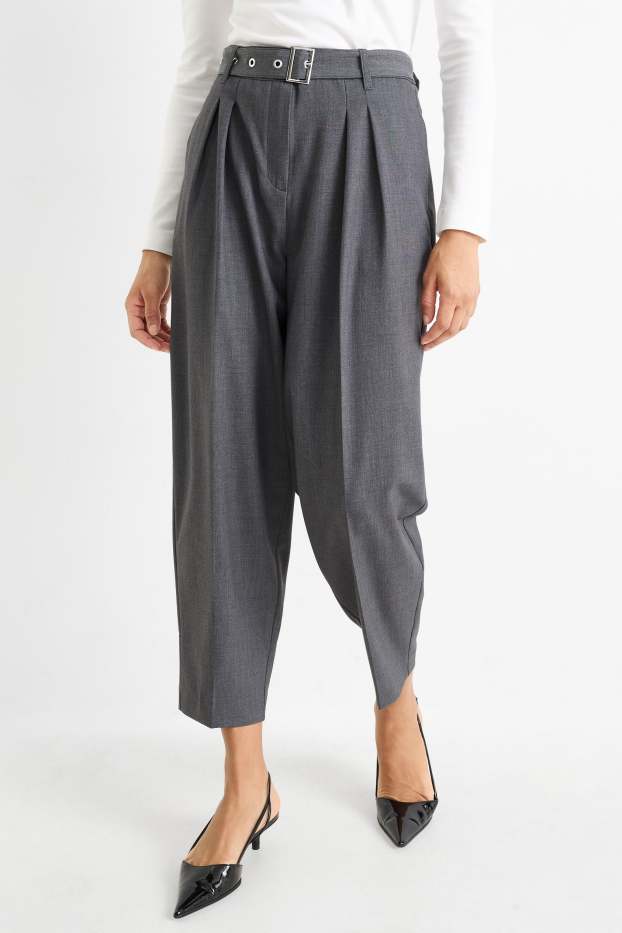 Kobiety - Spodnie materiałowe z paskiem - wysoki stan - tapered fit - ciemnoszary
