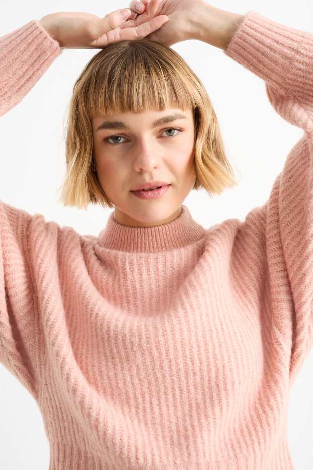 Damen - Crop Pullover mit Stehkragen - gerippt - rosa