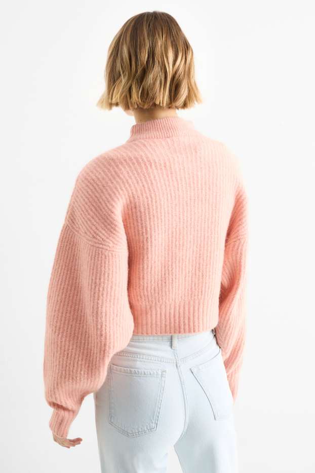 Damen - Crop Pullover mit Stehkragen - gerippt - rosa