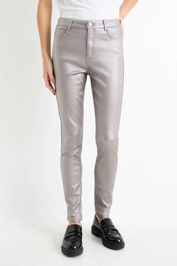 Women - Trousers - high waist - skinny fit - shiny - silver