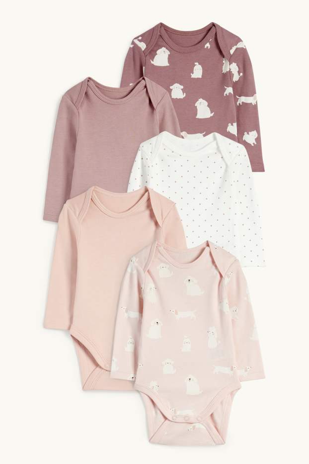 Baby: meisjes - Set van 5 - hond en poesje - rompertje - roze