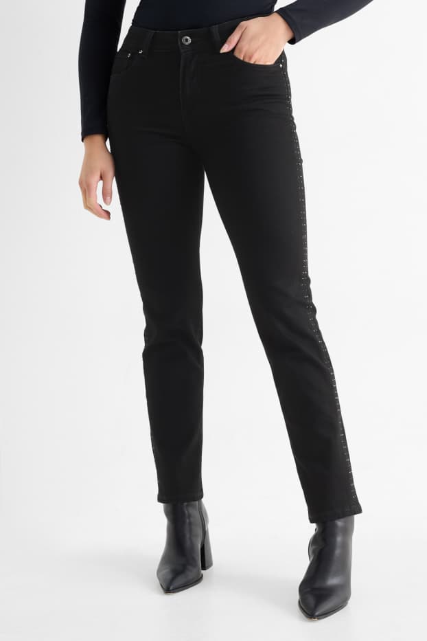 Femei - Straight jeans cu ștrasuri - talie medie - LYCRA® - negru