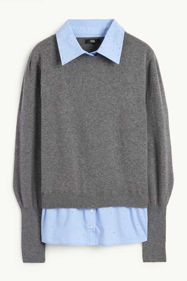 Donna - Maglione in maglia fine con strass - effetto 2 in 1 - grigio