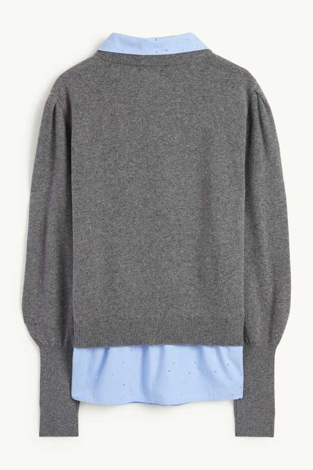 Donna - Maglione in maglia fine con strass - effetto 2 in 1 - grigio