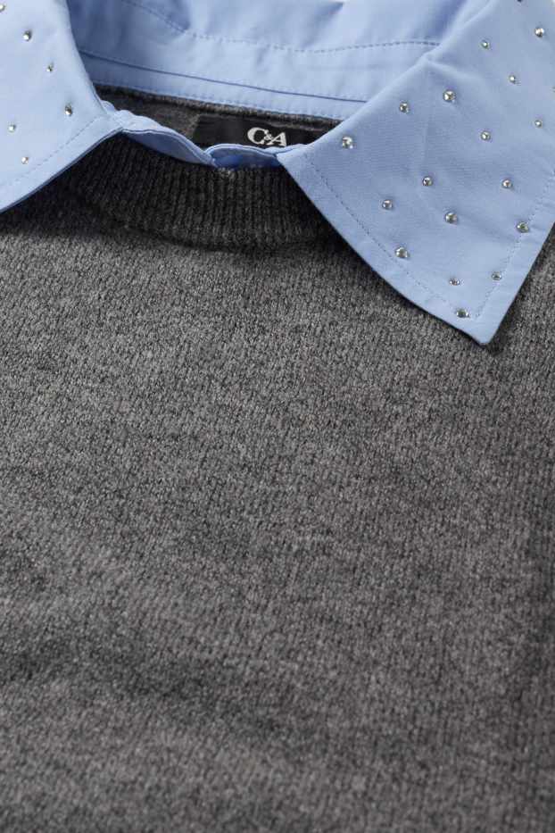 Donna - Maglione in maglia fine con strass - effetto 2 in 1 - grigio