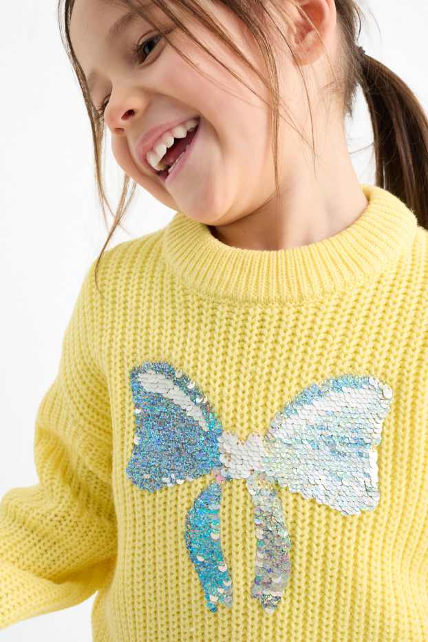 Enfants filles - Nœud - pull - côtelé - effet brillant - jaune