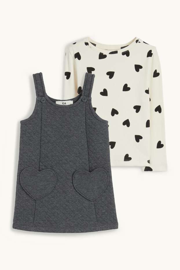 Enfants filles - Cœur - ensemble - haut à manches longues et robe salopette - 2 pièces - gris foncé