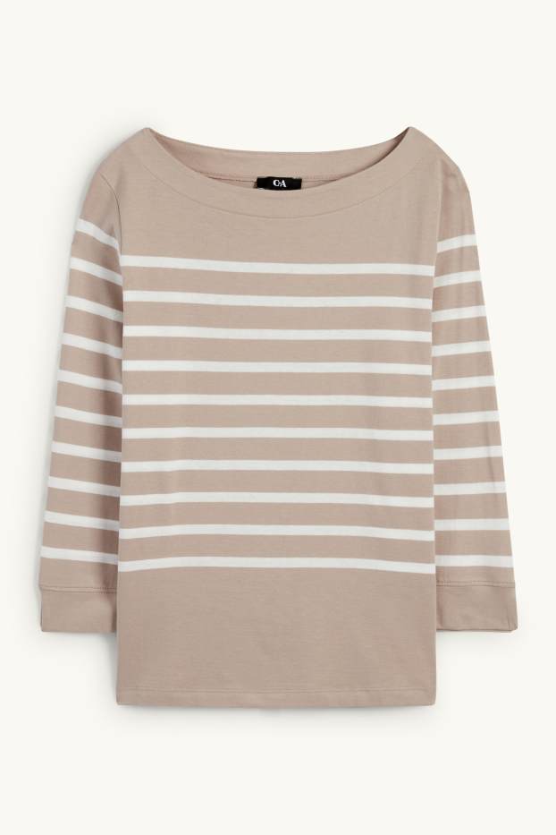 Dames - Basic longsleeve - gestreept - licht beige