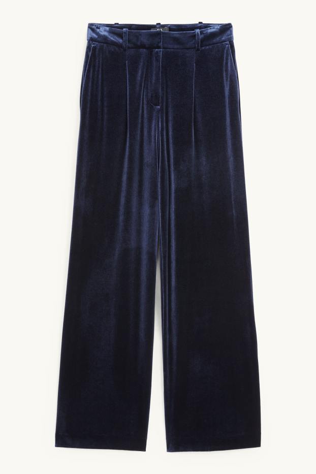 Women - Velvet business trousers - high waist - wide leg - dark blue