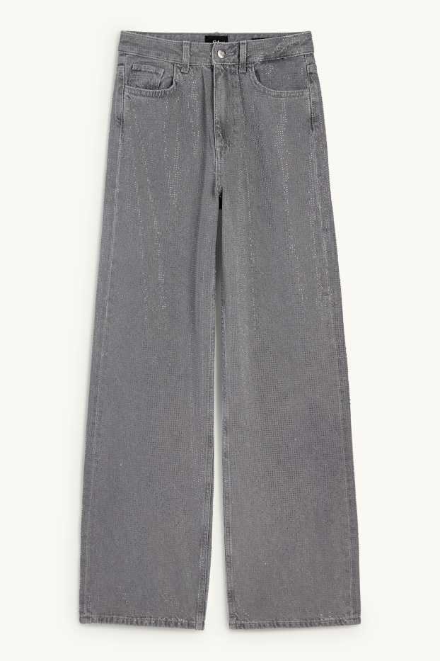 Dona - Loose fit jeans amb pedres d’estràs - high waist - gris