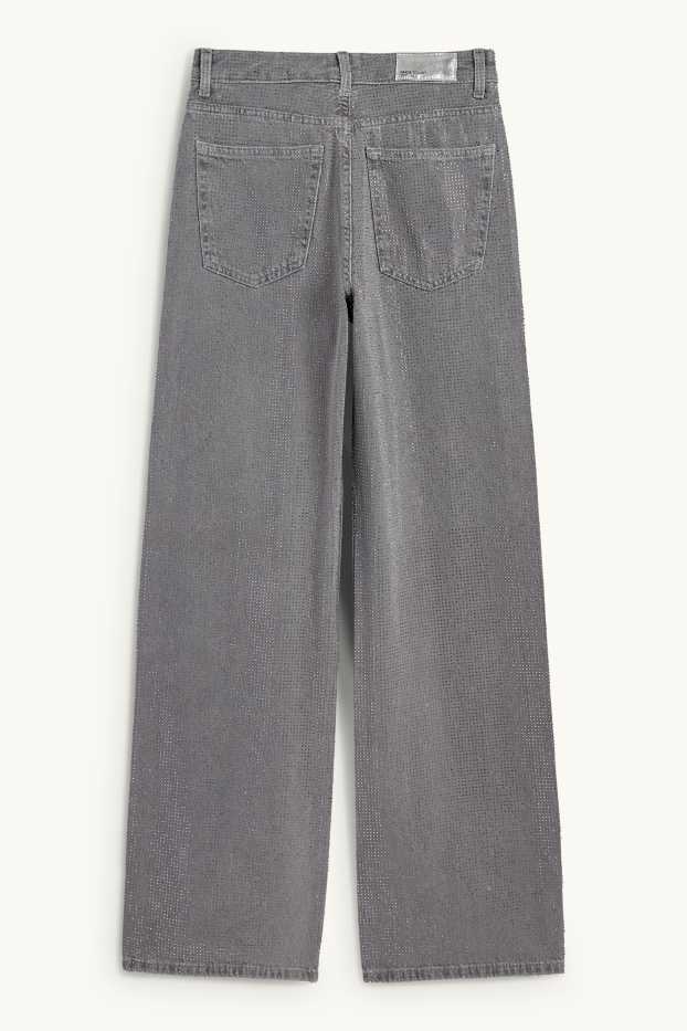 Dona - Loose fit jeans amb pedres d’estràs - high waist - gris