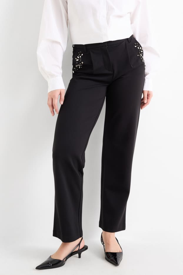 Femei - Pantaloni din jerseu cu ștrasuri - talie înaltă - straight fit - negru