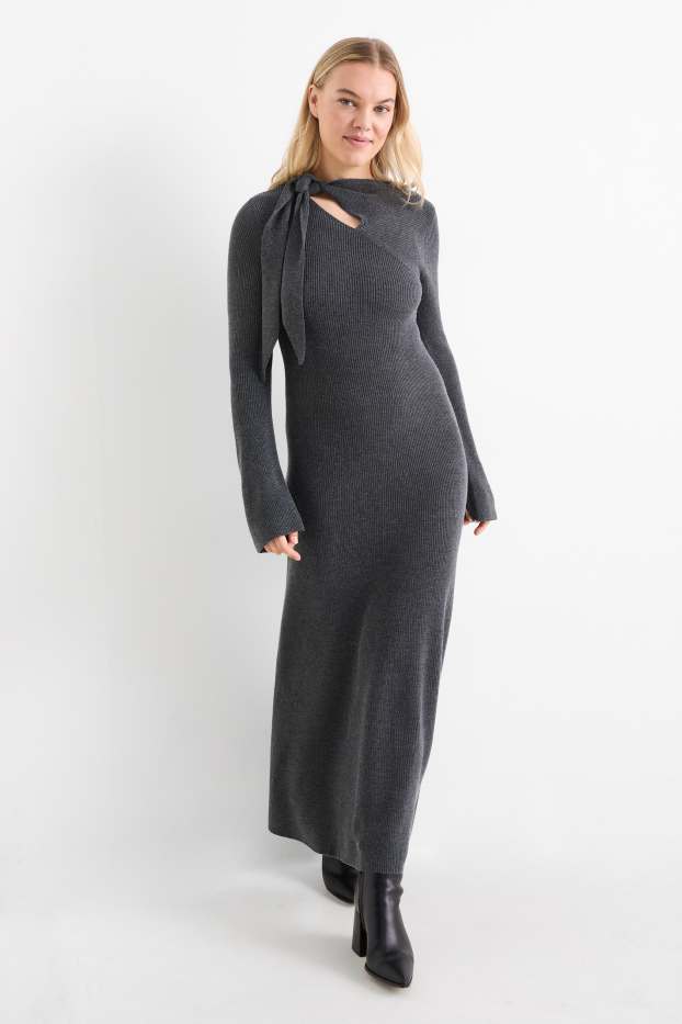 Women - Knitted dress with knot detail - ribbed - dark gray