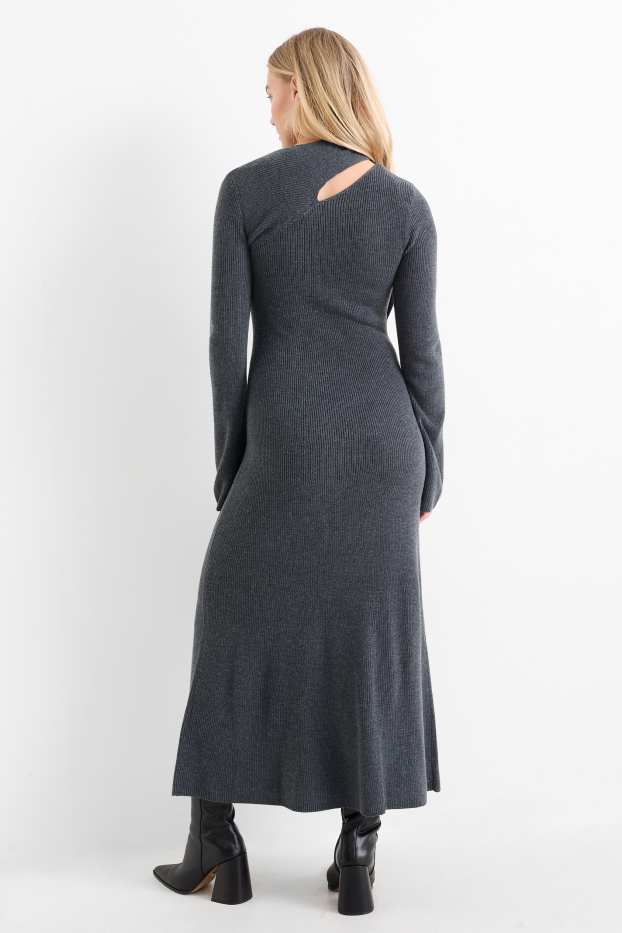 Women - Knitted dress with knot detail - ribbed - dark gray