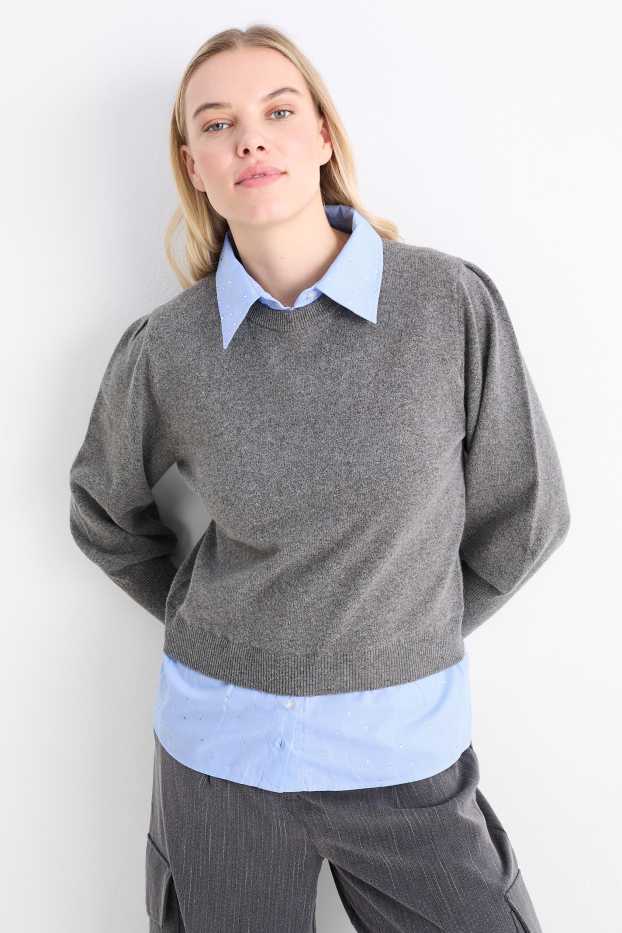Donna - Maglione in maglia fine con strass - effetto 2 in 1 - grigio