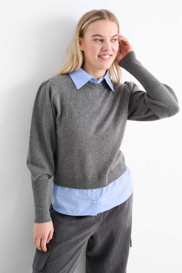 Donna - Maglione in maglia fine con strass - effetto 2 in 1 - grigio