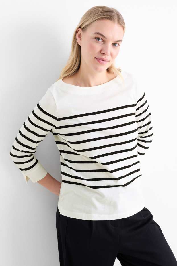 Women - Basic long sleeve top - striped - black / white