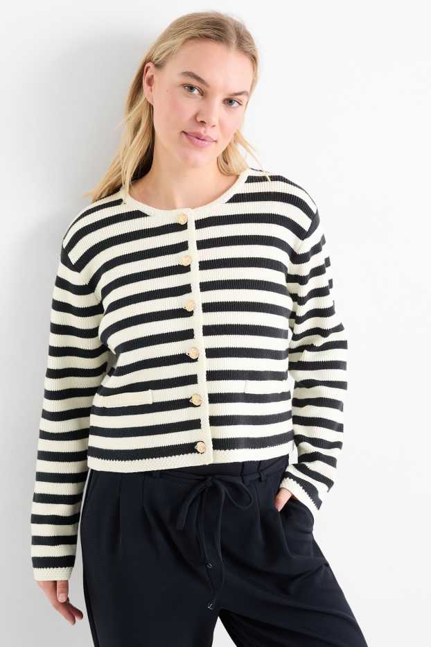 Femei - Cardigan tricotat - reiat - cu dungi - alb / negru