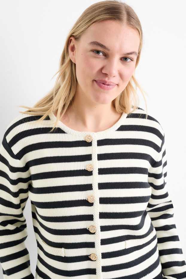 Femei - Cardigan tricotat - reiat - cu dungi - alb / negru
