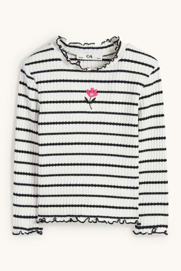 Copii - Fete - Floare - bluză cu guler rulat - reiat - cu dungi - alb / negru