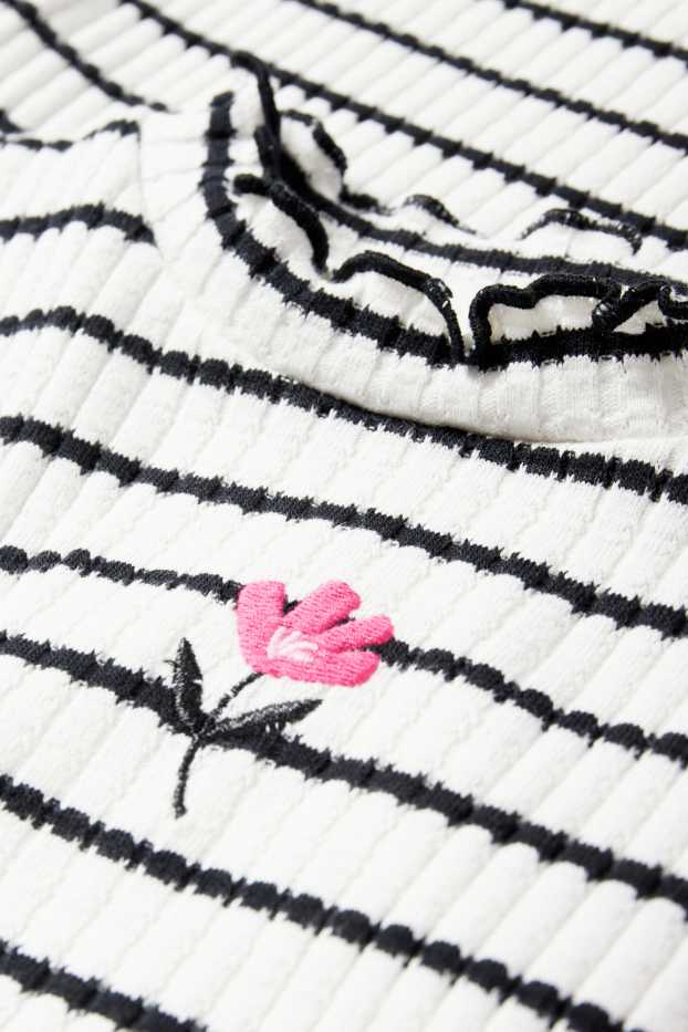 Copii - Fete - Floare - bluză cu guler rulat - reiat - cu dungi - alb / negru